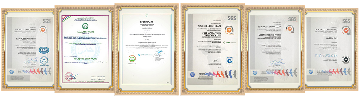 Certificate of RITA beverage manufacturer